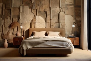 Perfect nature inspired bedroom with wood and stone details, LED lights, bed covers and premium rugs. Designer bedroom
