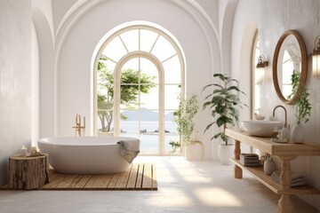 a modern white bathroom with natural wood flooring and woodwork ,a window and a white bathtub