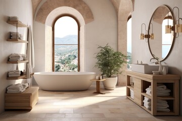 a modern white bathroom with natural wood flooring and woodwork ,a window and a white bathtub