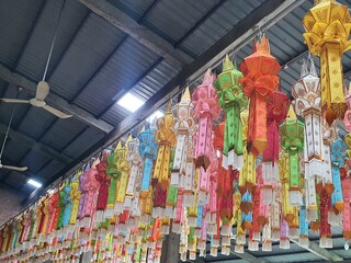 Lanna hanging lanterns  at Wat Khuha Sawan, Sisaket on July 31, 2023