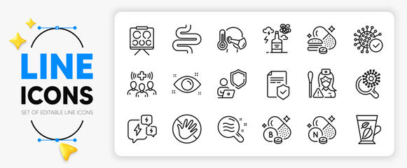 Medical staff, Vision board and Insurance policy line icons set for app include Vitamin n, Alcohol addiction, Coronavirus research outline thin icon. Stress, Skin condition. Vector