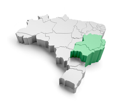 Isometric map of brazil with emphasis on the southeast region on transparent background in 3d rendering