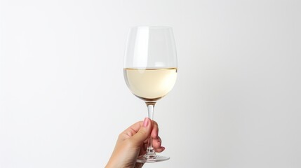 Hand holding white wine glass isolated white background. AI generated