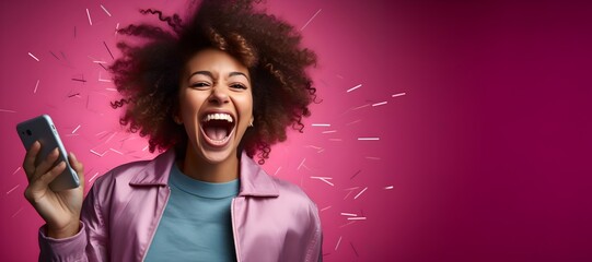 Image of african american woman smiling while talking on cellphone, Generative AI 