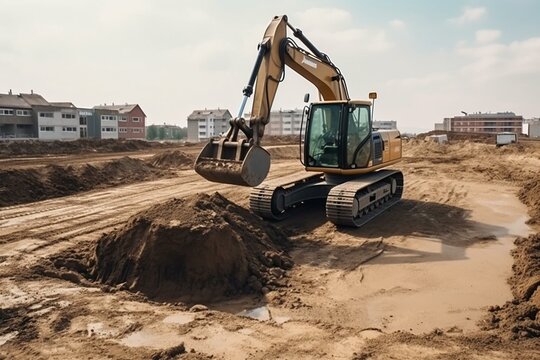 Excavator at construction site. Digging foundations for a new house. Earth moving and foundation preparation. Generative AI