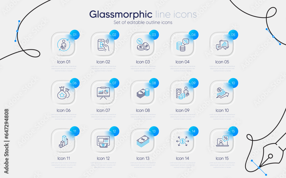 Poster set of presentation, currency exchange and graph chart line icons for web app. loyalty points, savin