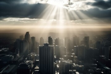 Fototapeta na wymiar Cityscape with tall buildings and radiant sunlight, surrounded by clouds and sunbeams. Generative AI