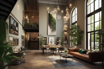 Photorealistic rendering of an elegant loft adorned with framed artwork, stylish lighting, and lush greenery. Generative AI