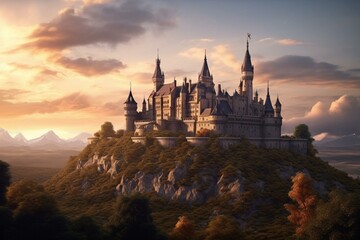 Morning castle. Digital. Fantasy. 3D art. Background. Illustration. Generative AI