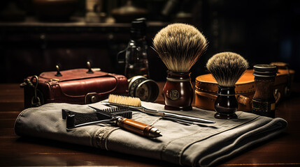 Barber's Classic Tools, Scissors, Comb, and Shaving Brush on a Leather Mat.