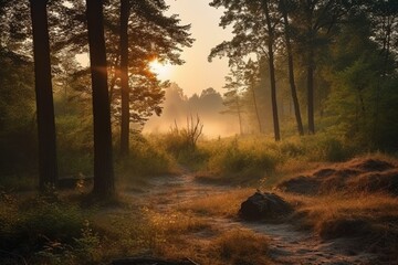 peaceful forest landscape at dawn. Generative AI - obrazy, fototapety, plakaty
