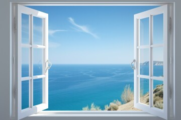 Scenic seaview framed by open window on sunny day. Generative AI
