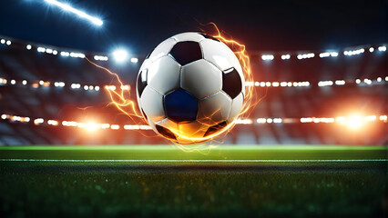 A soccer ball is covered in light on the background of a soccer field.