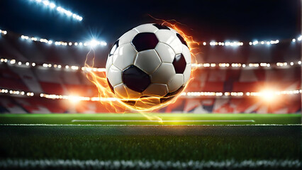 A soccer ball is covered in light on the background of a soccer field.