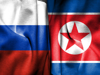 Russian flag and North Korean flag composed with cloth pattern. Concept map depicting a 2023 meeting between the two leaders. Basemap and background concept. Double exposure hologram.