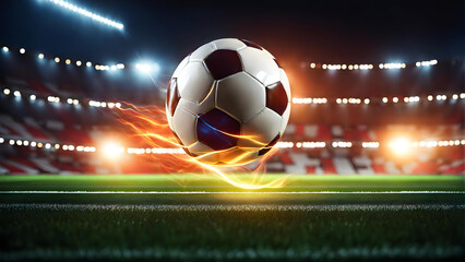 A soccer ball is covered in light on the background of a soccer field. - obrazy, fototapety, plakaty