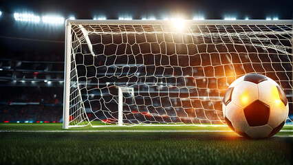 A soccer ball is covered in light on the background of a soccer field. - obrazy, fototapety, plakaty