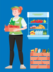 Grocery store saleswoman, vector illustration for shopping display design