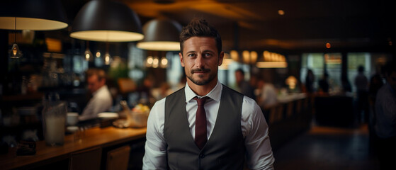 handsome waiter in a busy restaurant