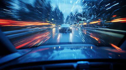 The car's windshield, with its wipers on, displays the blurred road ahead. - obrazy, fototapety, plakaty