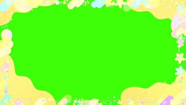 Looped yellow frame with bling bling stars, gradient circles, and rounded rectangles on green screen background animation.