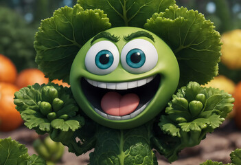 Happy smiling green kale cartoon face. Generative AI - obrazy, fototapety, plakaty