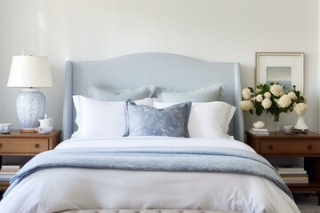 Fototapeta na wymiar Cozy bedroom with white bed, blue headboard, and bedside table. Generative AI