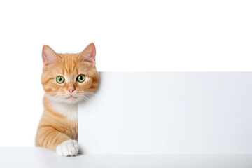 Ginger cat holding a blank poster, isolated on white background. Generative AI