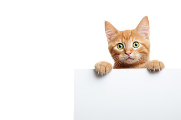 Cute cat holding a blank poster on white background. Generative AI - 647297452