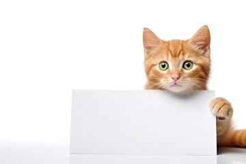 Cat holding a blank poster, isolated on white background. Generative AI