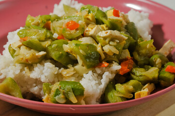 a plate of white rice with stir-fried oyong or luffa gourd and sliced yellow tofus on a wooden board isolated on a white background