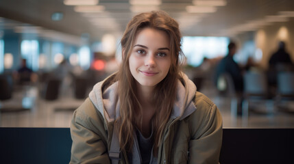 Portrait of a young woman sitting in the airport