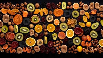 Collection of dried fruits isolated on black background, seamless pattern