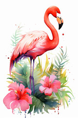 Watercolor painting of a beautiful flamingo in a colorful flower field. Beautiful artistic image for poster, art print, greeting card.