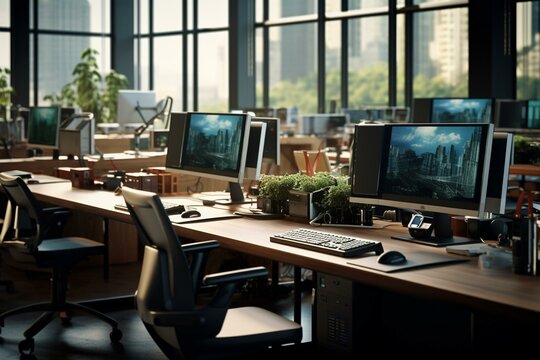 CGI depicting workstations in an office. Generative AI