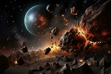 Foto op Canvas Metallic asteroids collide with a planet causing chaos as rocks and debris scatter in space. Cosmic background accompanies the event. Generative AI © Idris