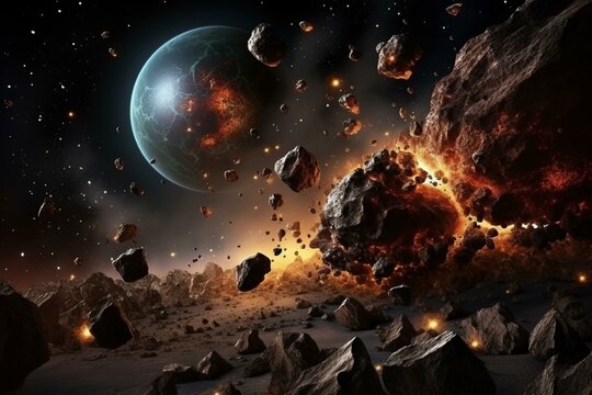 Metallic asteroids collide with a planet causing chaos as rocks and debris scatter in space. Cosmic background accompanies the event. Generative AI