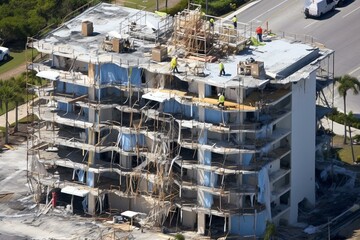 Aerial view of hurricane-damaged construction scaffolding on high-rise apartment building site in Port Charlotte, USA. Generative AI - obrazy, fototapety, plakaty