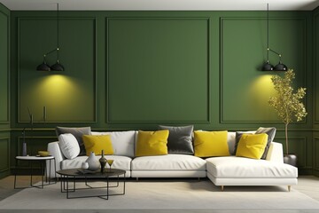 Modern living room with white sofa, floor lamp, table, decorative wall, yellow panels, green pillows, empty frame. 3D render. Generative AI