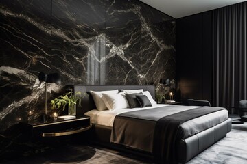 Contemporary bedroom featuring sleek black marble wall, bed, and side table. Generative AI