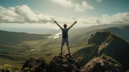 Obraz premium Happy man with arms up on the top of the mountain, male hiker celebrating successful climb on the cliff. generative AI