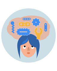 Icon fix brains female face, tools above head