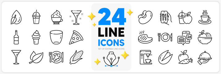Icons set of Apple carrot, Restaurant app and Water drop line icons pack for app with Juice, Pistachio nut, Ice cream thin outline icon. Pizza, Mint leaves, Food app pictogram. Vector