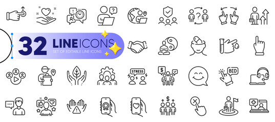Outline set of Difficult stress, Yoga and Handshake line icons for web with Medical help, Consult, Team work thin icon. Delivery man, Video conference, Delegate question pictogram icon. Vector