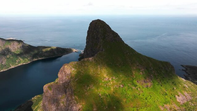 Witnessed from above, the scene encompasses trees upon a hill, offering a breathtaking panorama of the ocean and the dramatic mountain summits in Lofoten, Norway.