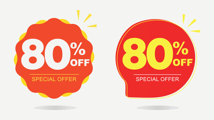 80% off. Tag, sticker, special offer. Poster ten percent off price, value. Red and yellow balloon. Advertising for sales, promo, discount, shop. Symbol, icon, vector