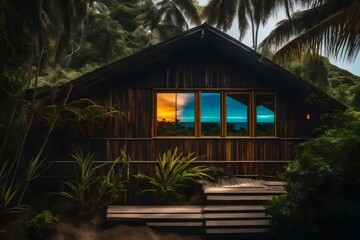 A closeup of a contemporary cabin, with a bruised soleil window providing a glimpse of a lush tropical beach - AI Generative