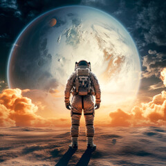 silhouette of an astronaut on the top of a mountain above the clouds looking at the planet on the horizone