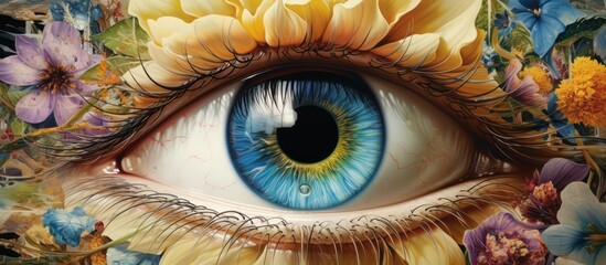 extreamly eye closeup in style of flower eyebrow beautiful artisan makeup concept - obrazy, fototapety, plakaty