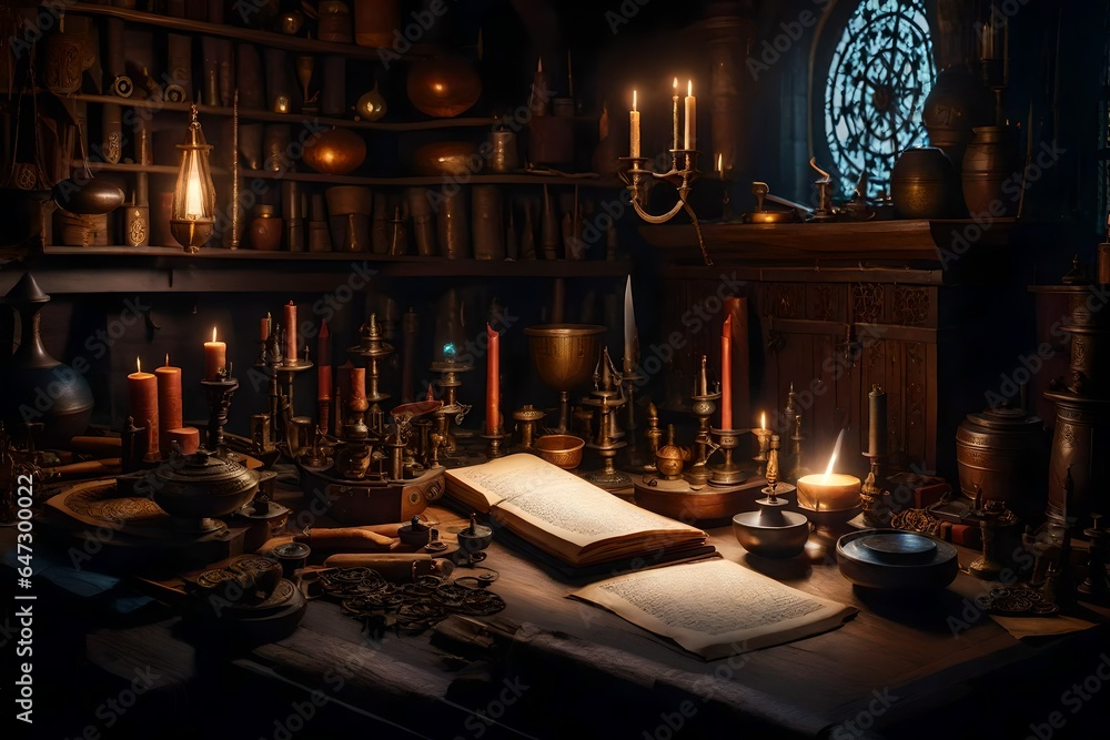 Poster a highly detailed image of a wizard's workshop, filled with intricate magical artifacts and tools - 